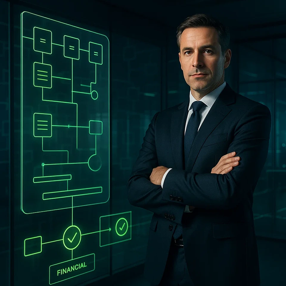 Executive standing by a blockchain schematic